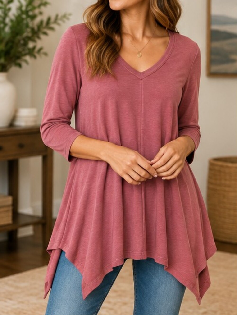 Garnet Hill XL Tencel Swing Tunic Top Sharkbite Hem Dusty Rose